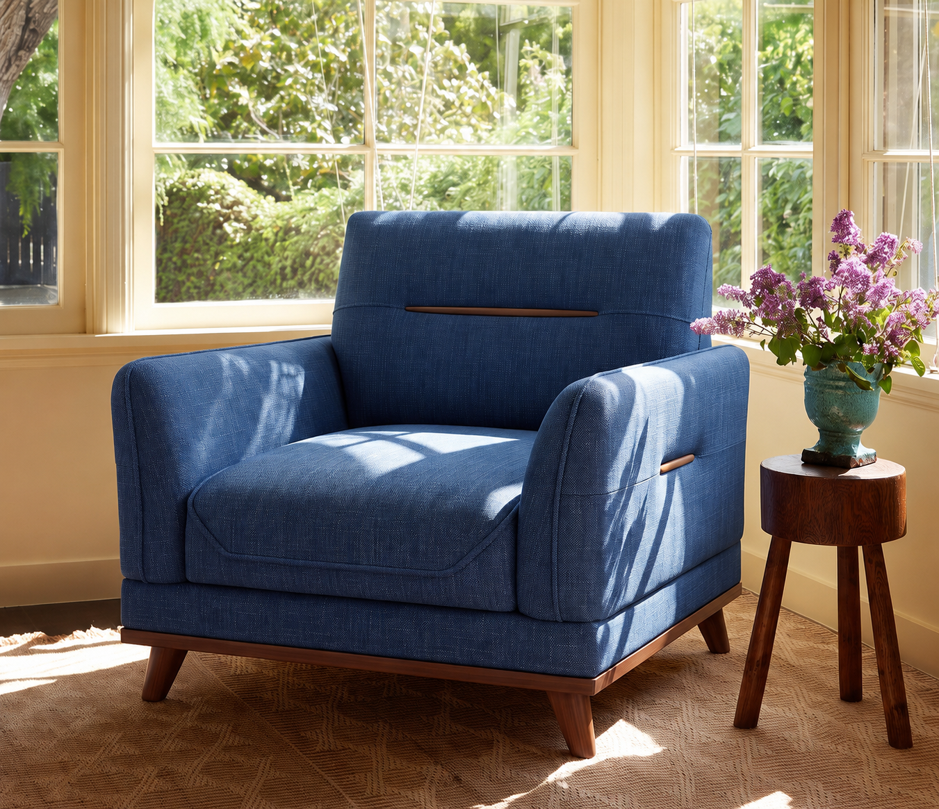 Arden 3+1+1 Seater Fabric Sofa with Wooden Accents, Iris Blue