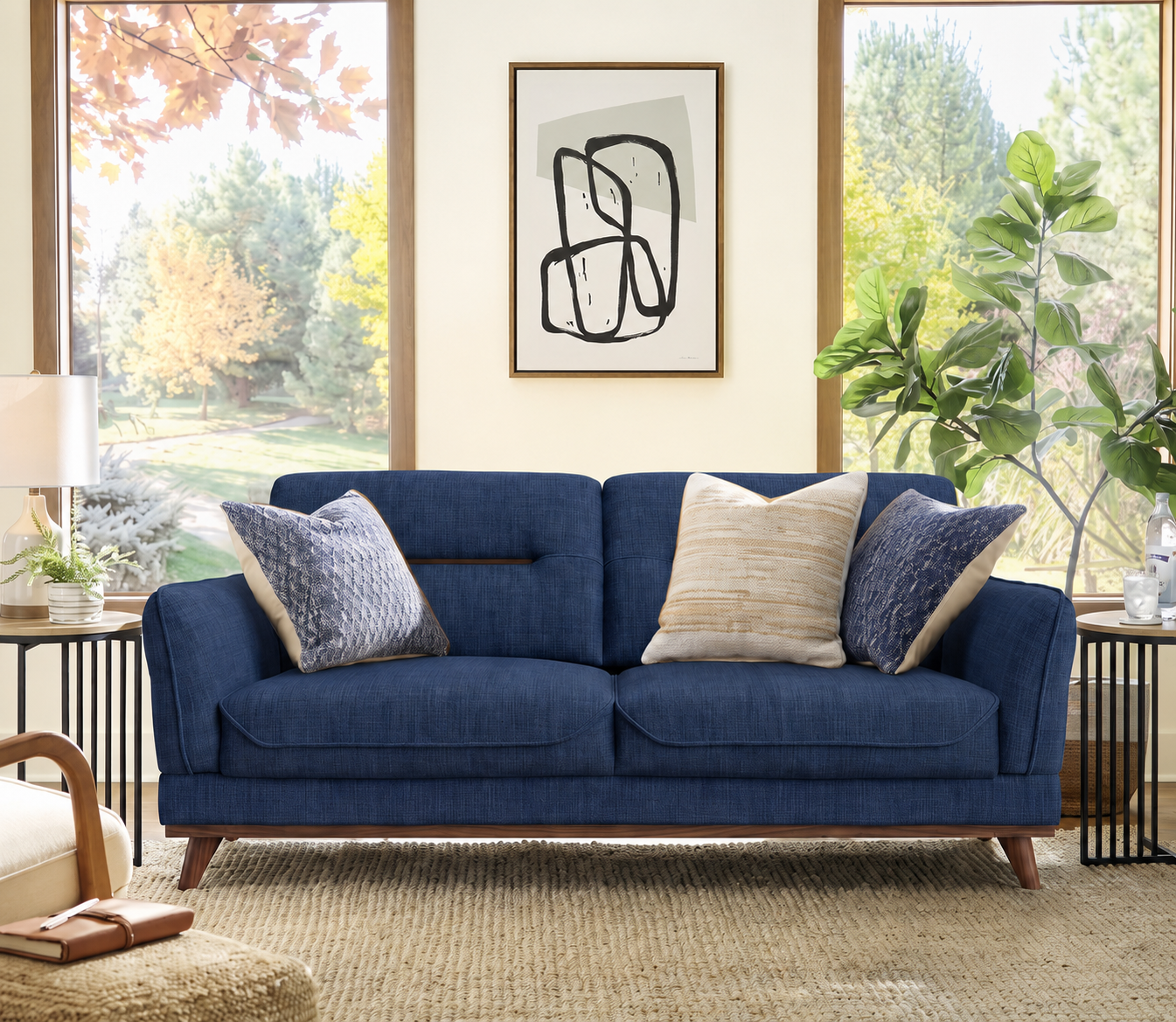 Arden 3+1+1 Seater Fabric Sofa with Wooden Accents, Iris Blue