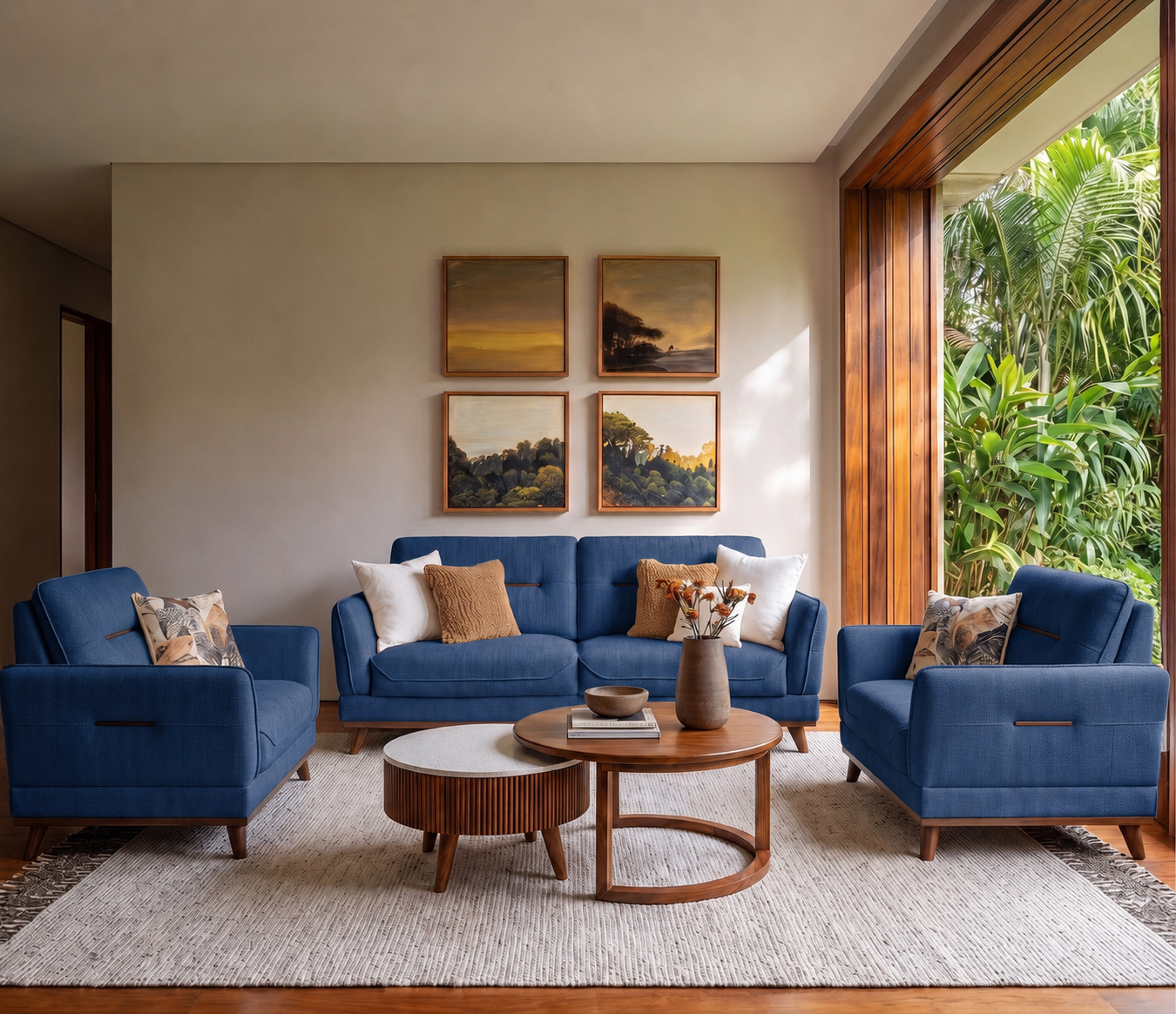 Arden 3+1+1 Seater Fabric Sofa with Wooden Accents, Iris Blue