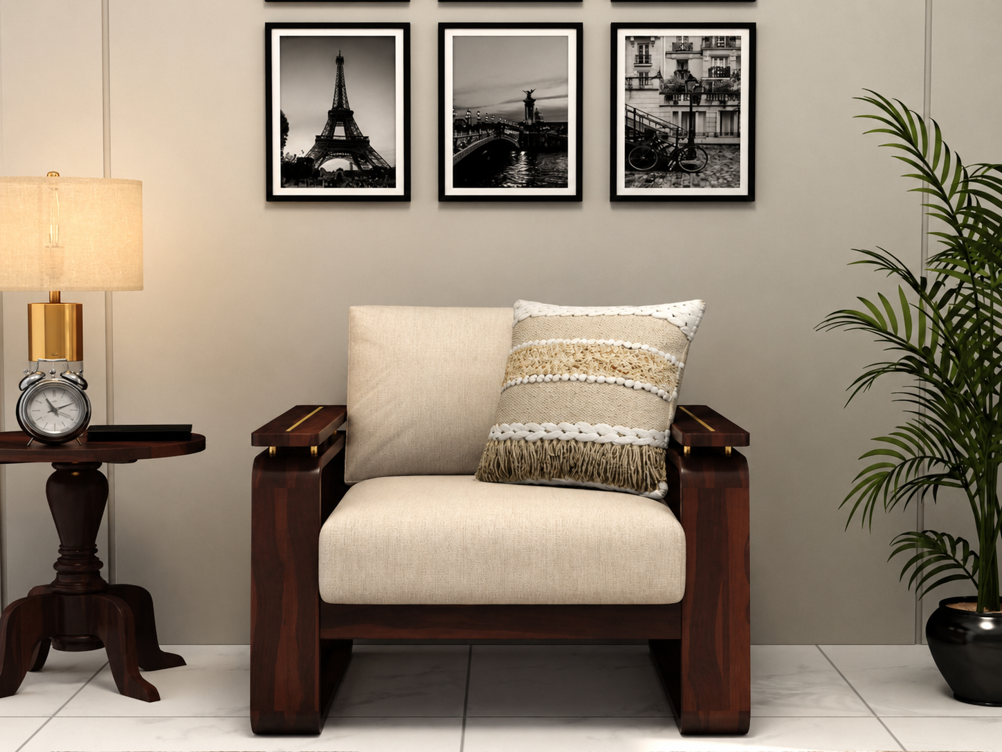 Veyron 3+1+1 Teak Wood Sofa Set with Cane & Brass Accents, Walnut Finish, Jade Ivory