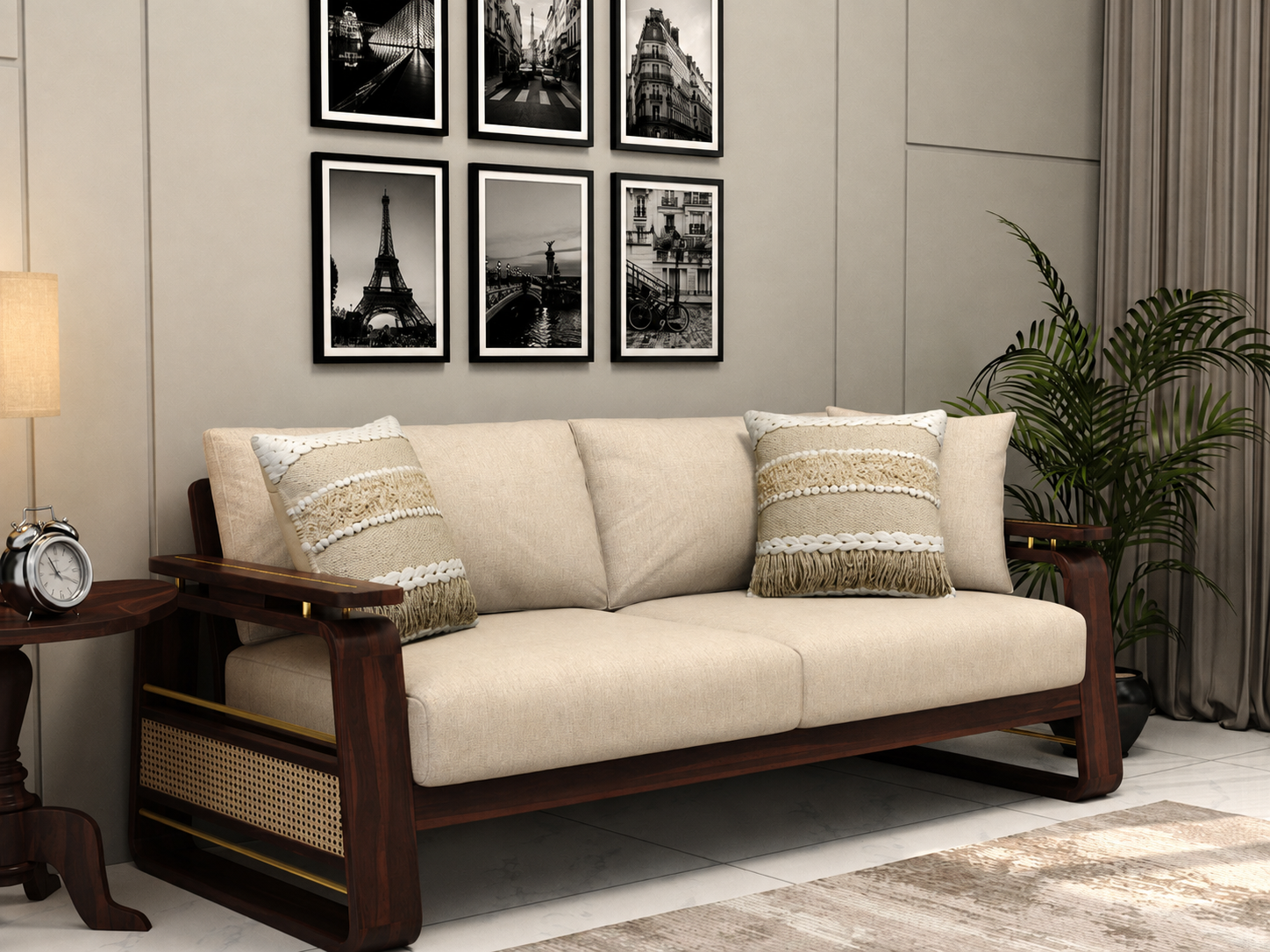 Veyron 3+1+1 Teak Wood Sofa Set with Cane & Brass Accents, Walnut Finish, Jade Ivory