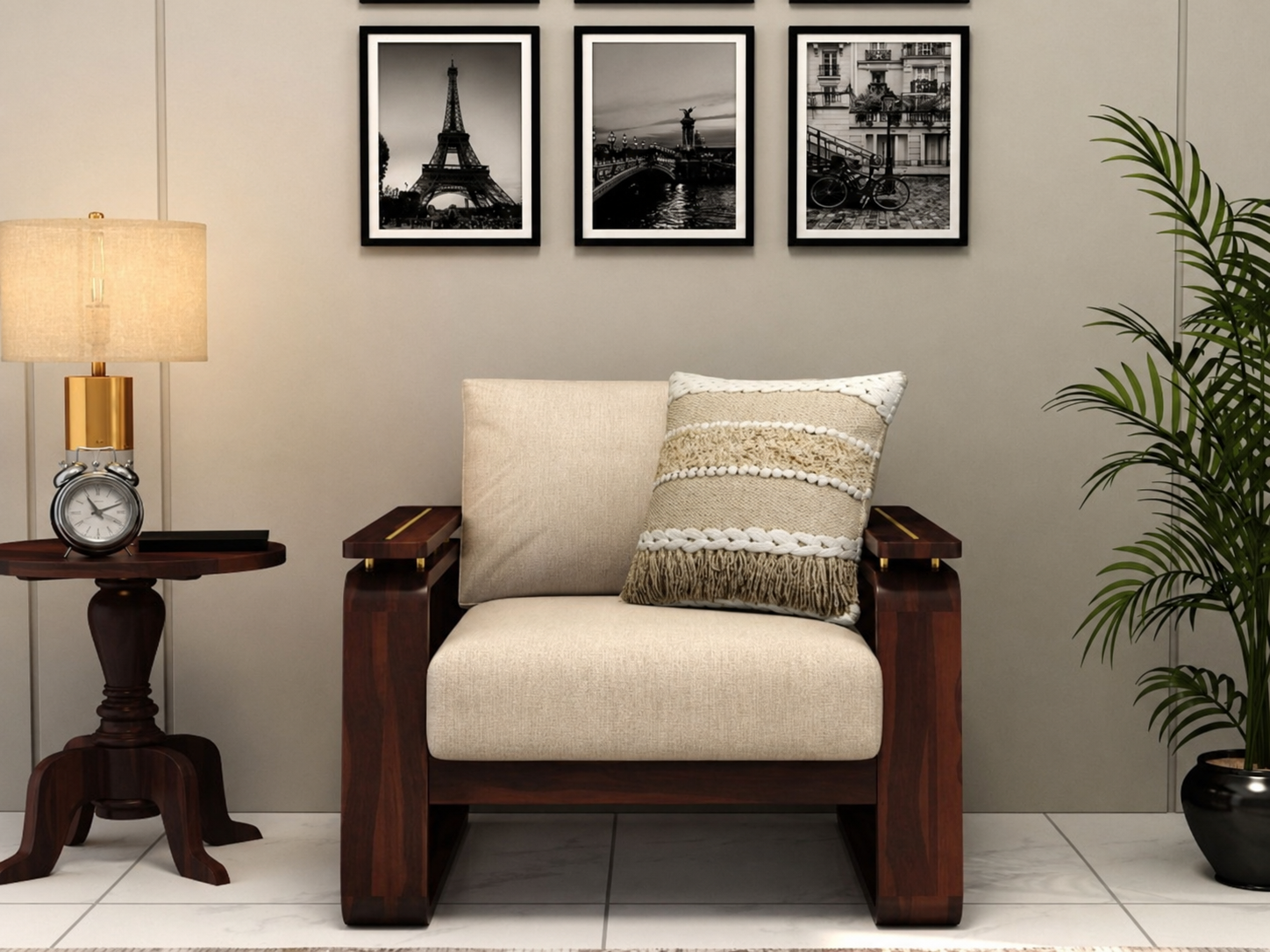 Veyron 3+1+1 Teak Wood Sofa Set with Cane & Brass Accents, Walnut Finish, Jade Ivory