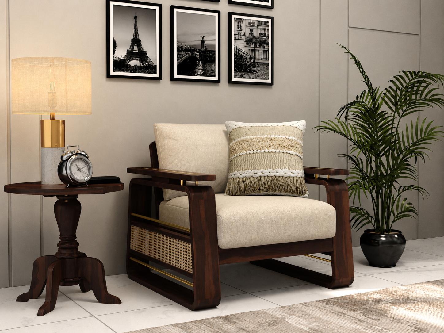 Veyron 3+1+1 Teak Wood Sofa Set with Cane & Brass Accents, Walnut Finish, Jade Ivory
