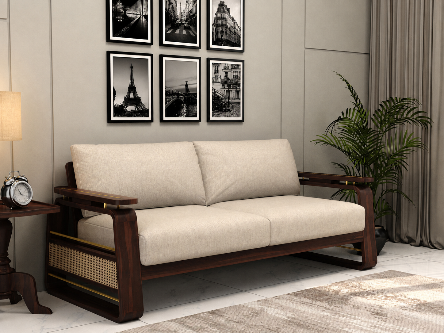 Veyron 3+1+1 Teak Wood Sofa Set with Cane & Brass Accents, Walnut Finish, Jade Ivory