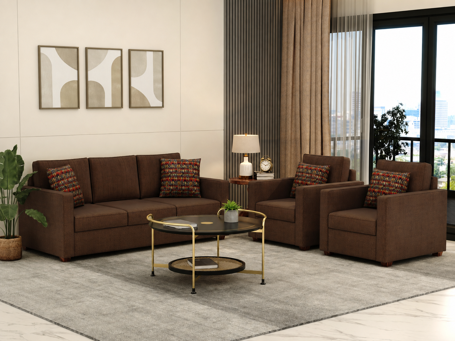 Nivaro 3+1+1 Seater Fabric Sofa Set, Mocha Brown
