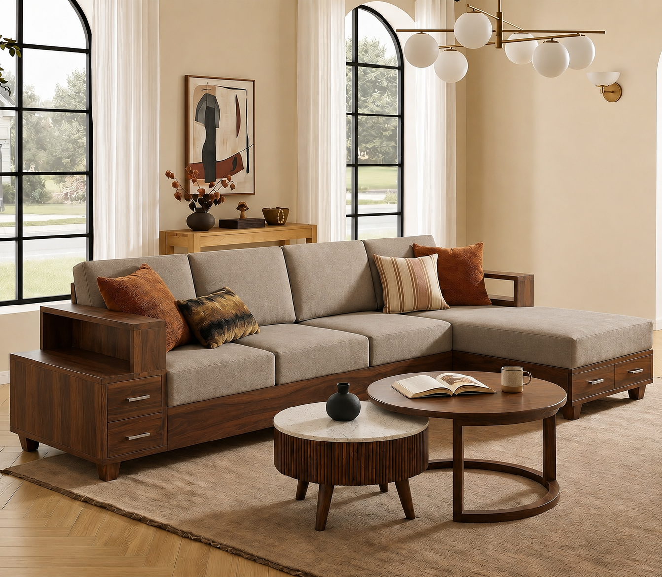 Elmont Premium Walnut L-Shaped Sofa