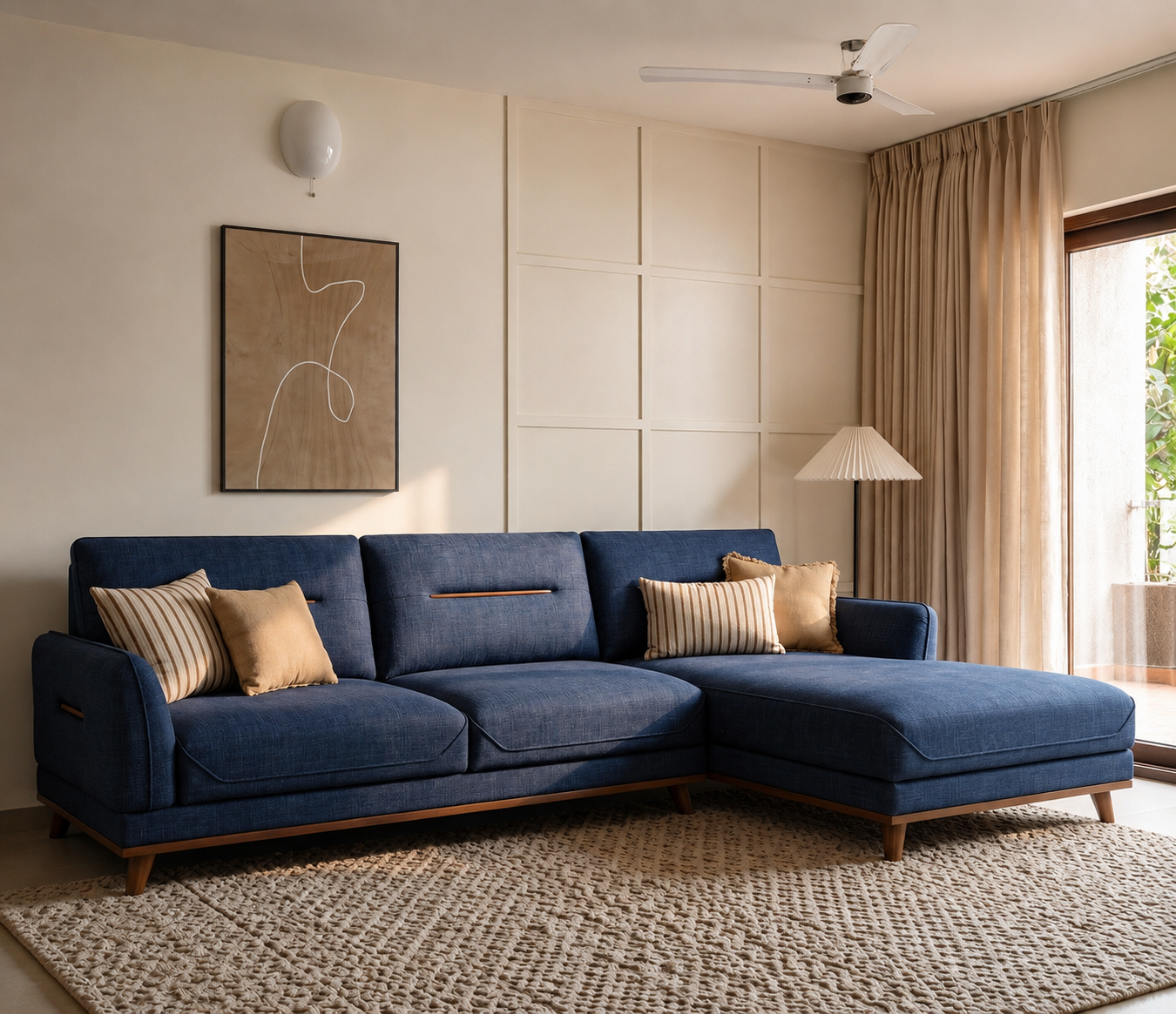 Aurelia Luxe Blue Fabric L-Shape Sofa with Chaise