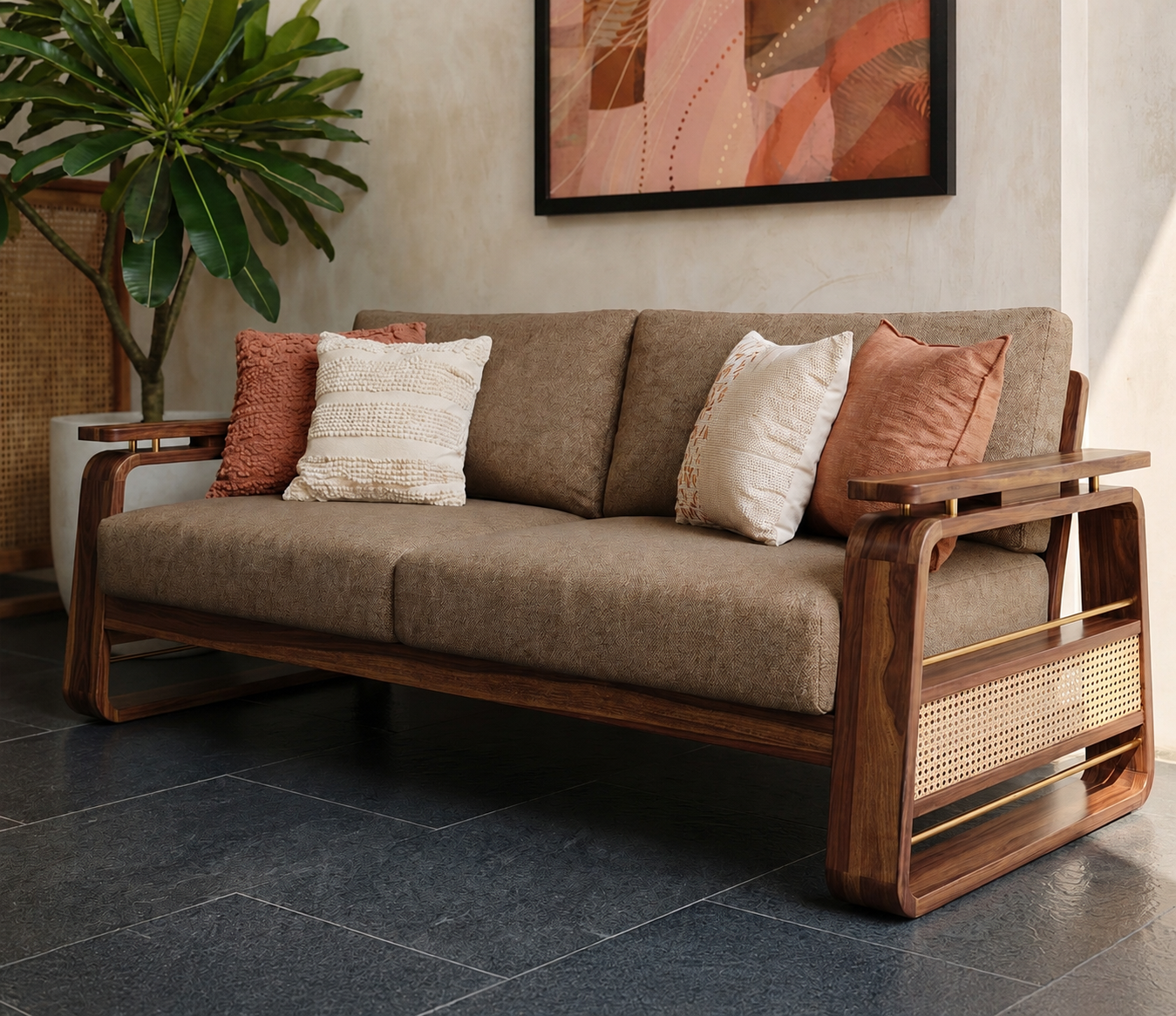 Arden 3-Seater Teak Wooden Frame Fabric Sofa