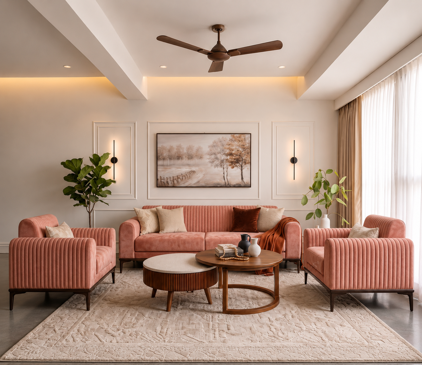 Elara Blush Channel-Tufted Designer Sofa Set