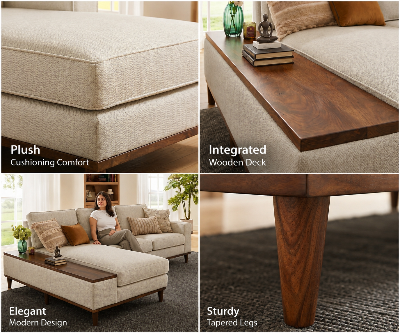 Aviano Luxury L Shape Sofa with Chaise and Wooden Side Deck