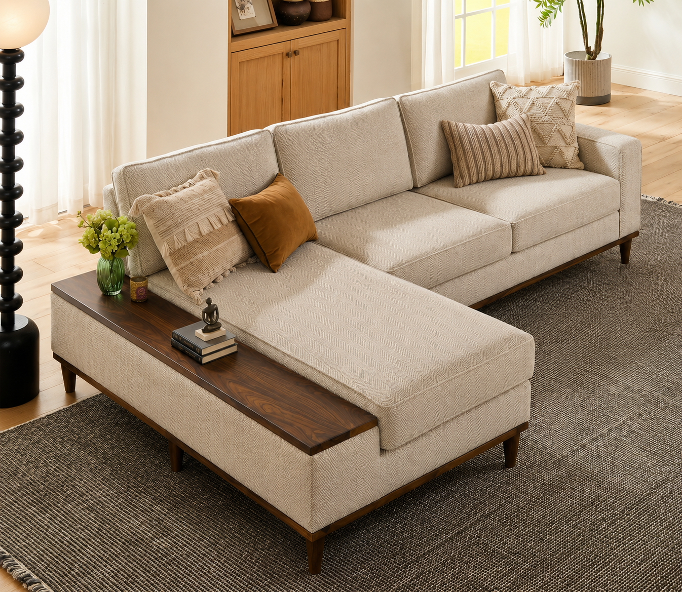 Aviano Luxury L Shape Sofa with Chaise and Wooden Side Deck