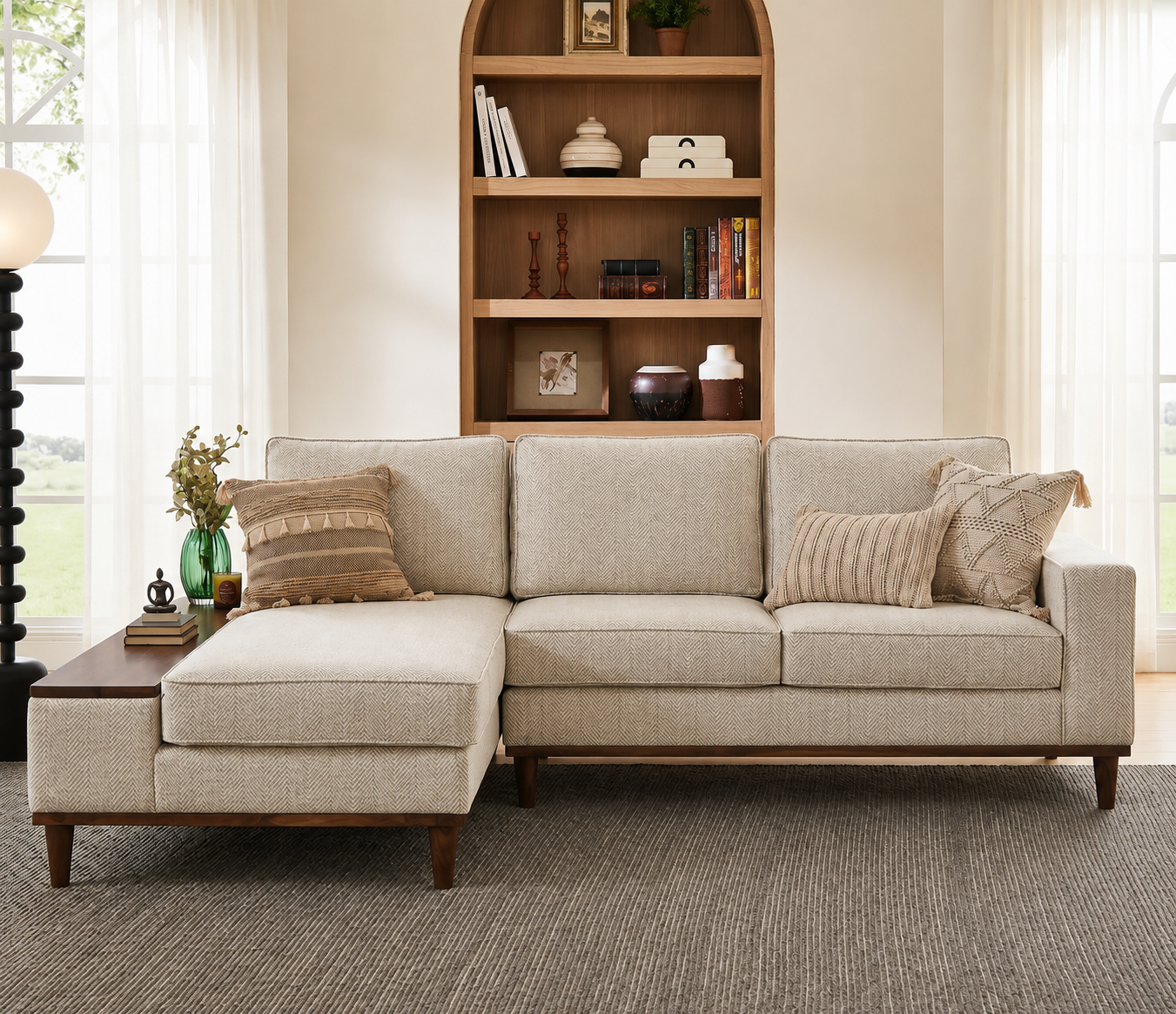 Aviano Luxury L Shape Sofa with Chaise and Wooden Side Deck