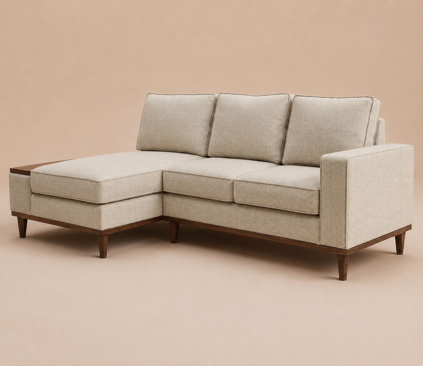 Aviano Luxury L Shape Sofa with Chaise and Wooden Side Deck
