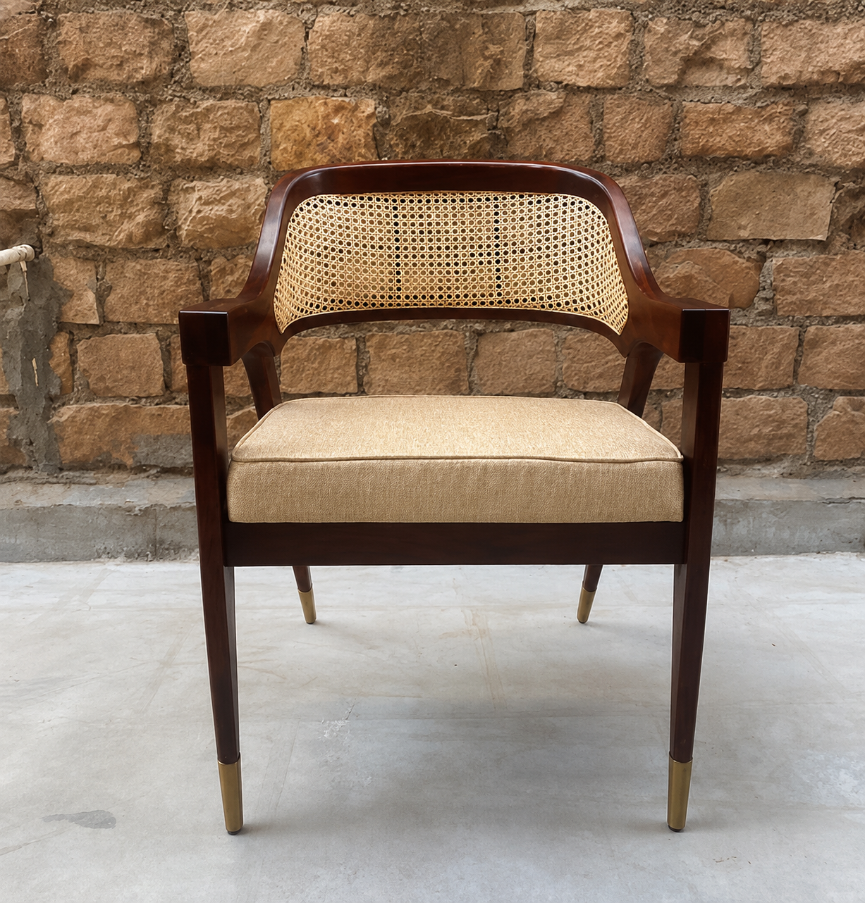 Celeste Teak Wood Cane Upholstered Arm Chair