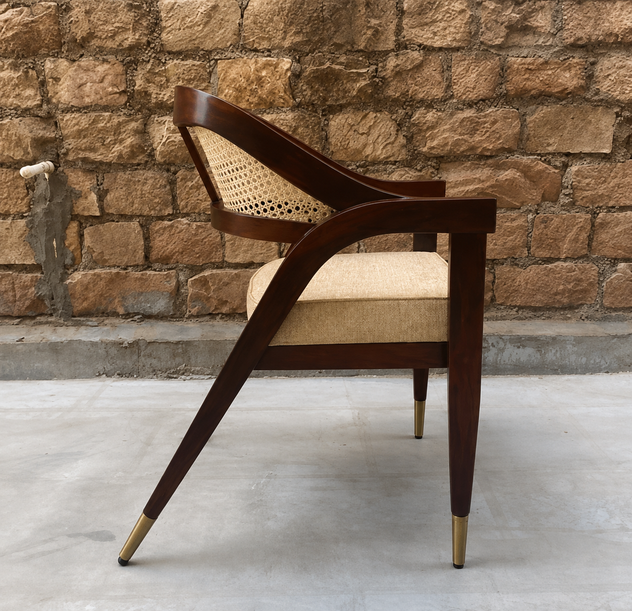 Celeste Teak Wood Cane Upholstered Arm Chair