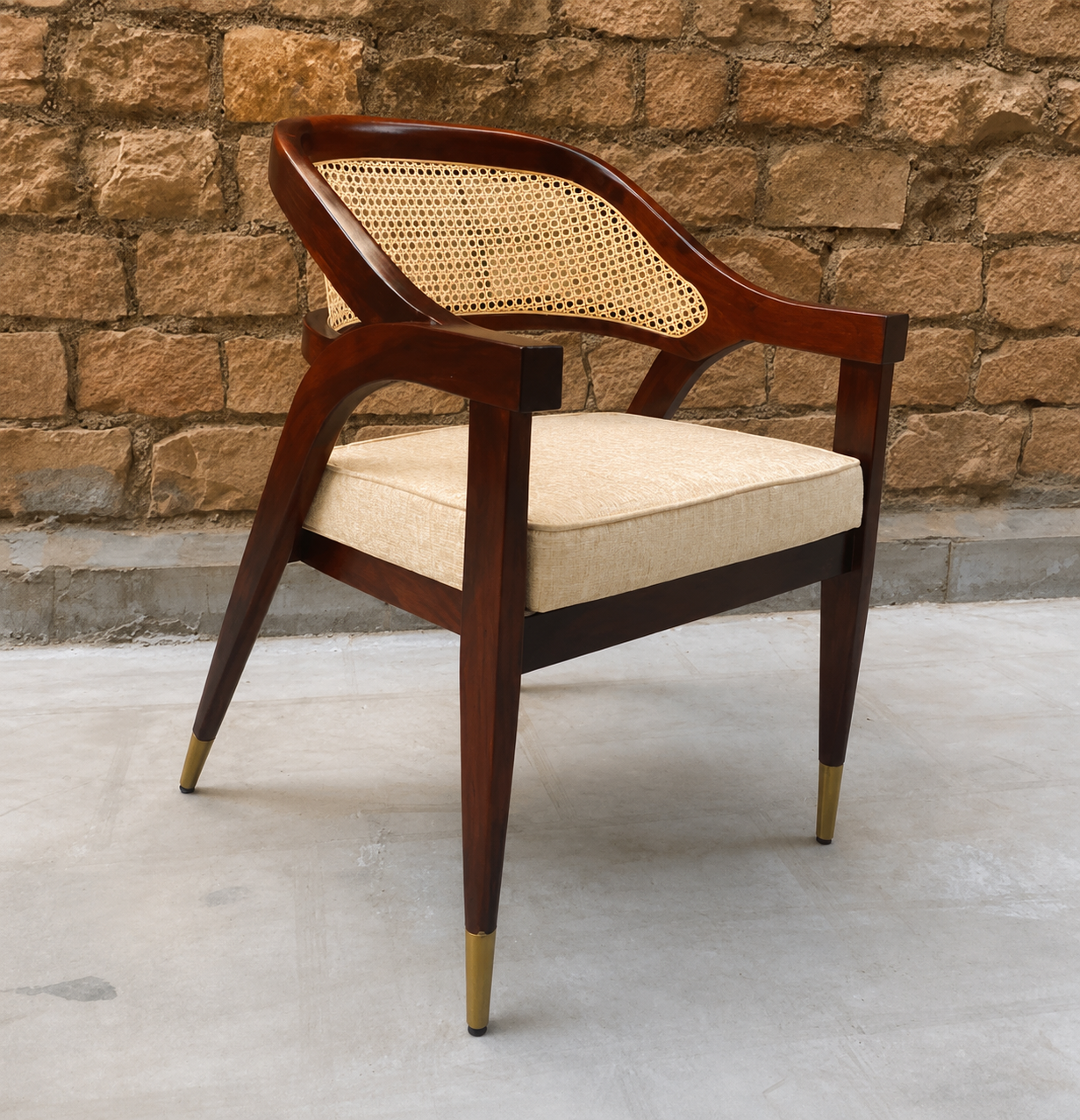 Celeste Teak Wood Cane Upholstered Arm Chair
