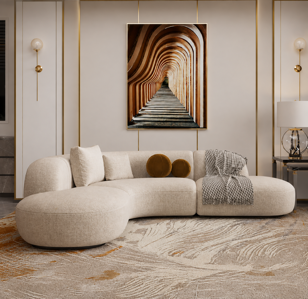 5 Seater Contemporary Beige Arc Sofa