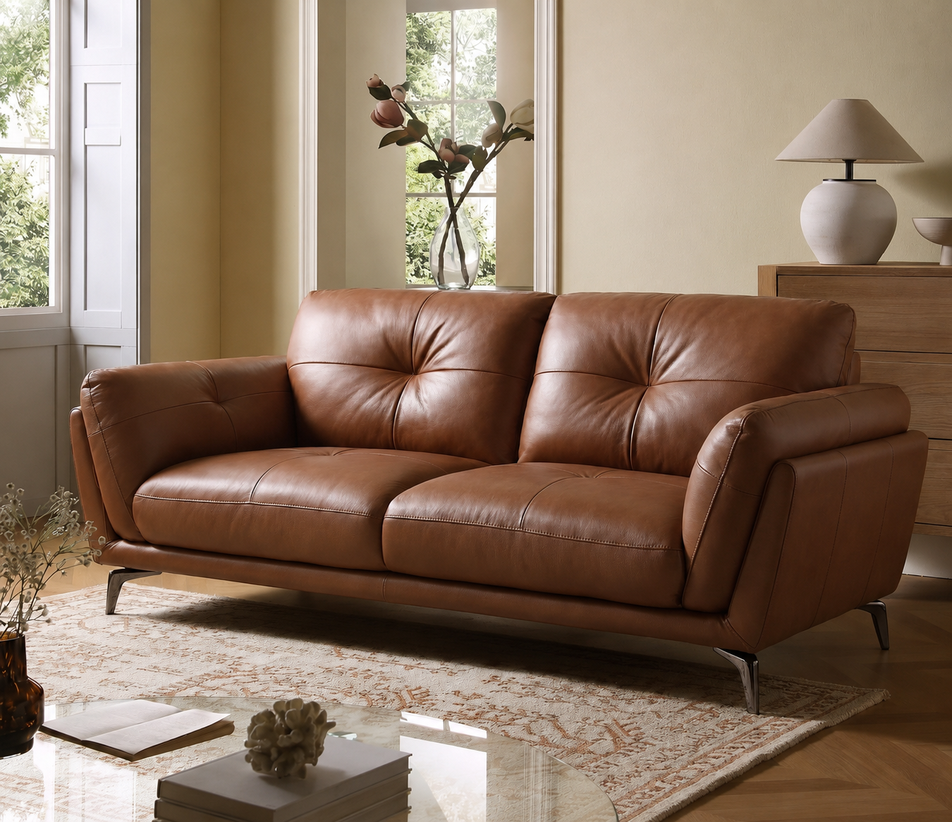 Milano Modern 2-Seater Genuine Top-Grain Leather Sofa – Sahara Tan