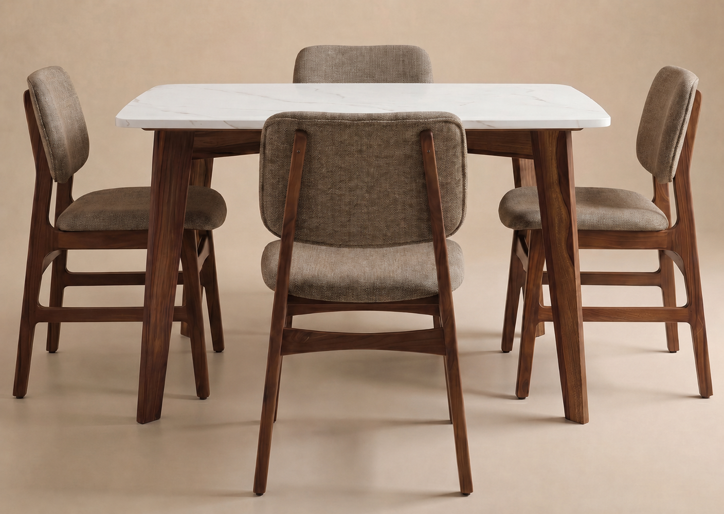 Vivara 4 Seater Sheesham Wood Dining Set with Valence Marble-Top Table and Vinara Upholstered Chair (Sand Brown)