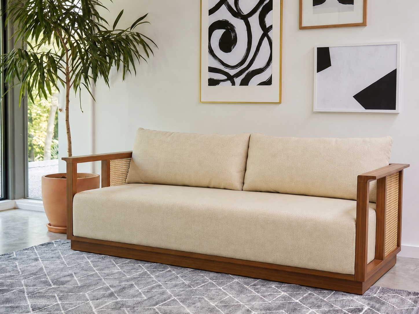 Arden 3+1+1 Ash Wood & Cane Sofa Set – Cottage Ivory