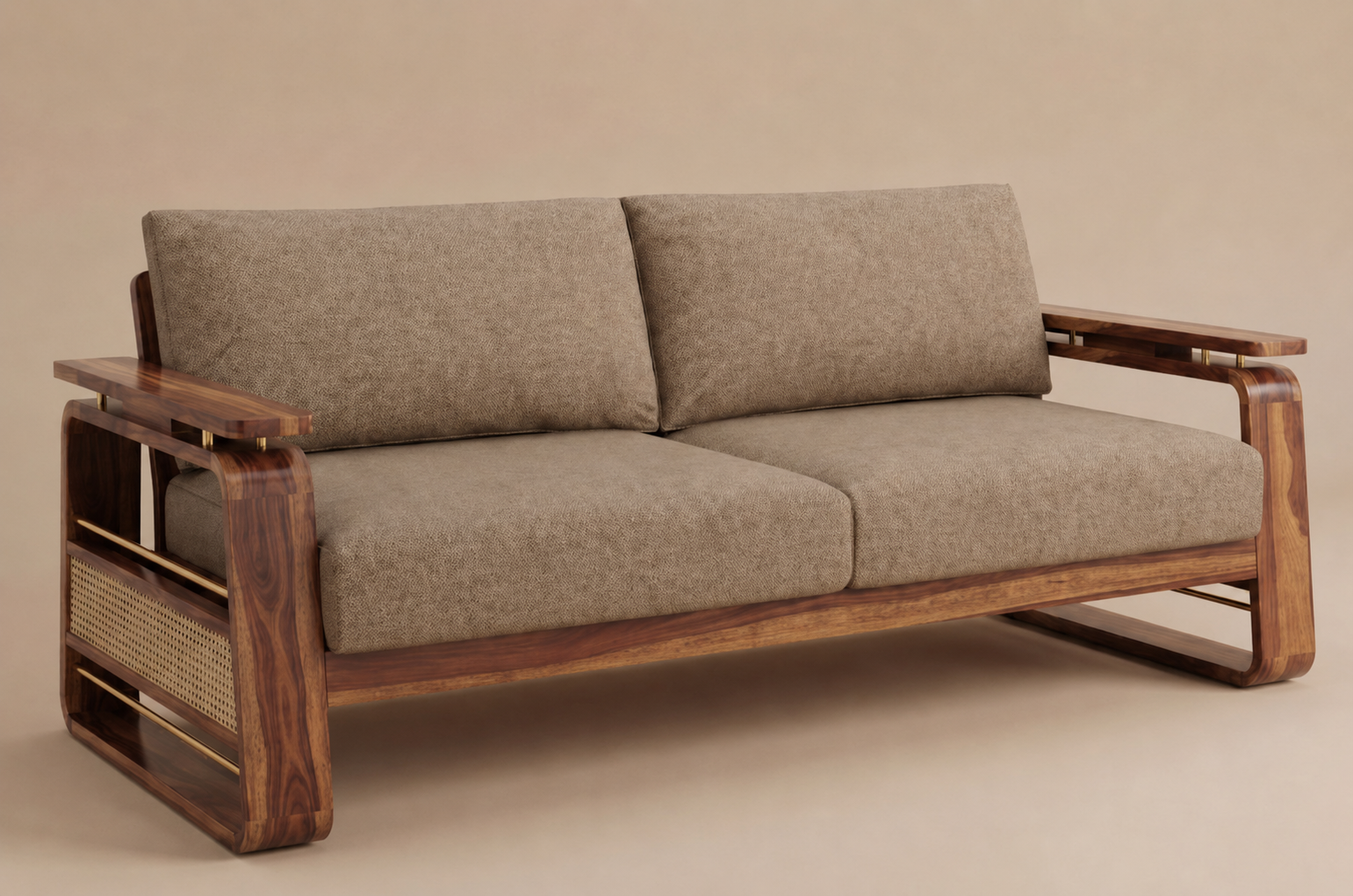 Veda 3+1+1 Sheesham Wood Cane Sofa Set with Brass Detailing, Sand Brown