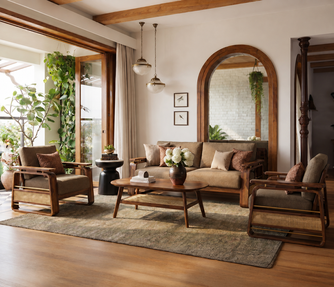 Veda 3+1+1 Sheesham Wood Cane Sofa Set with Brass Detailing, Sand Brown