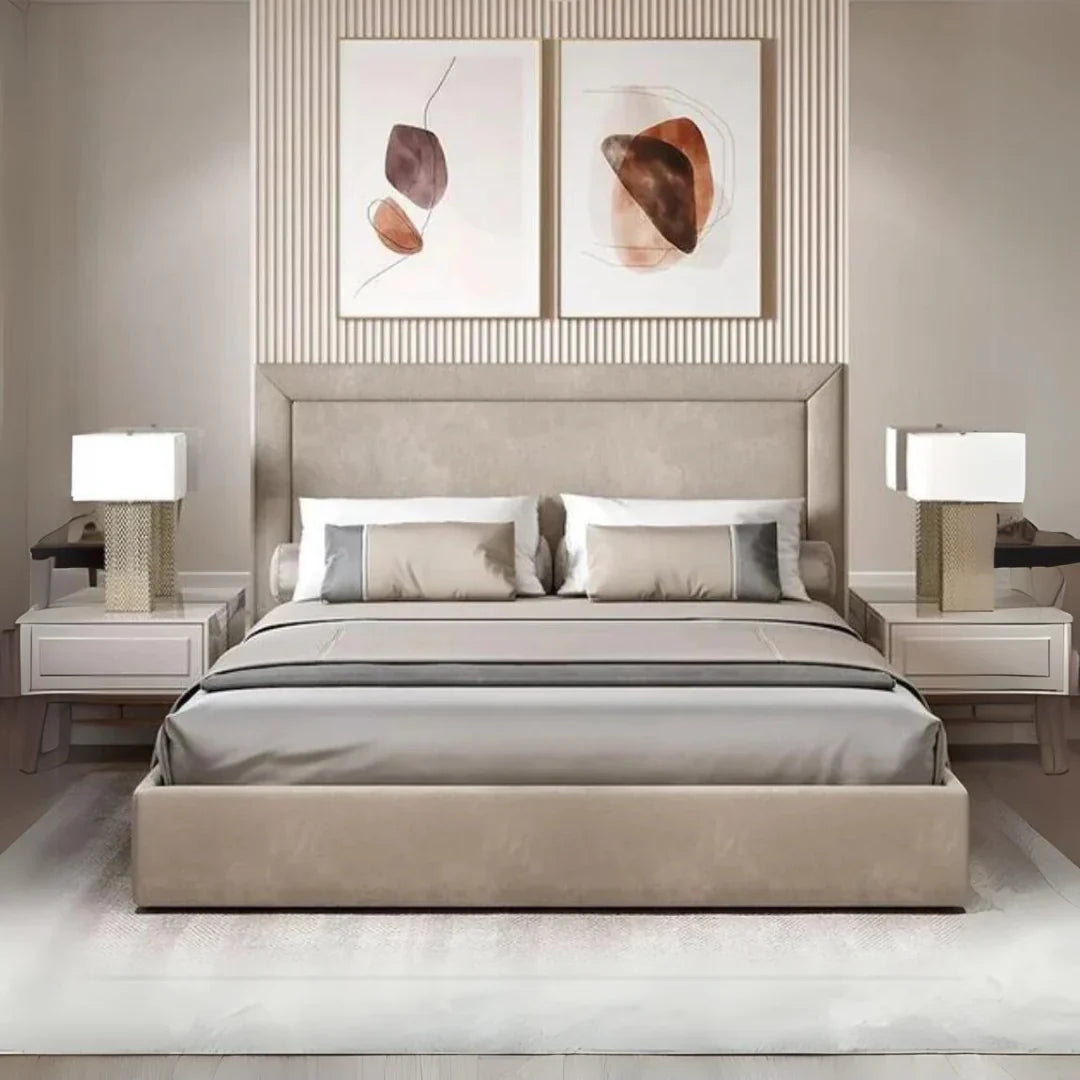 A bed with mattress cream and white colour