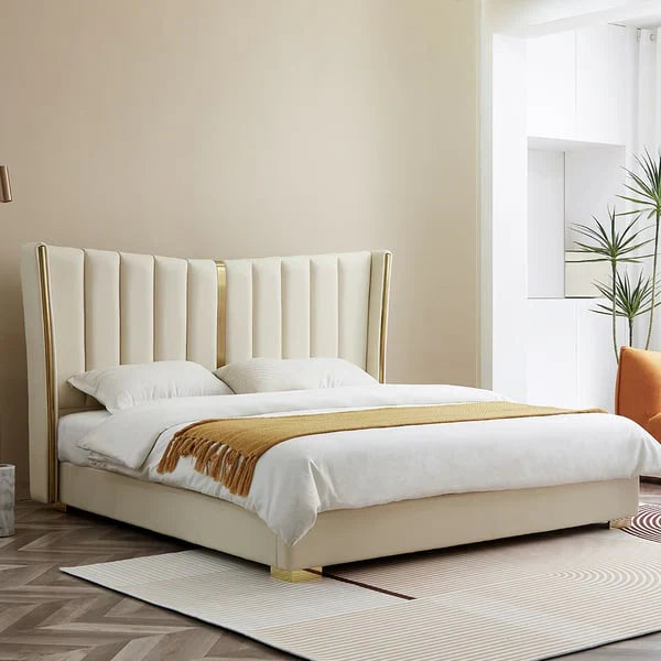 A bed with mattress cream colour