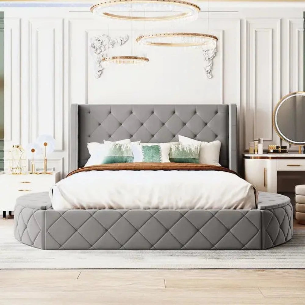 A bed with mattress grey colour