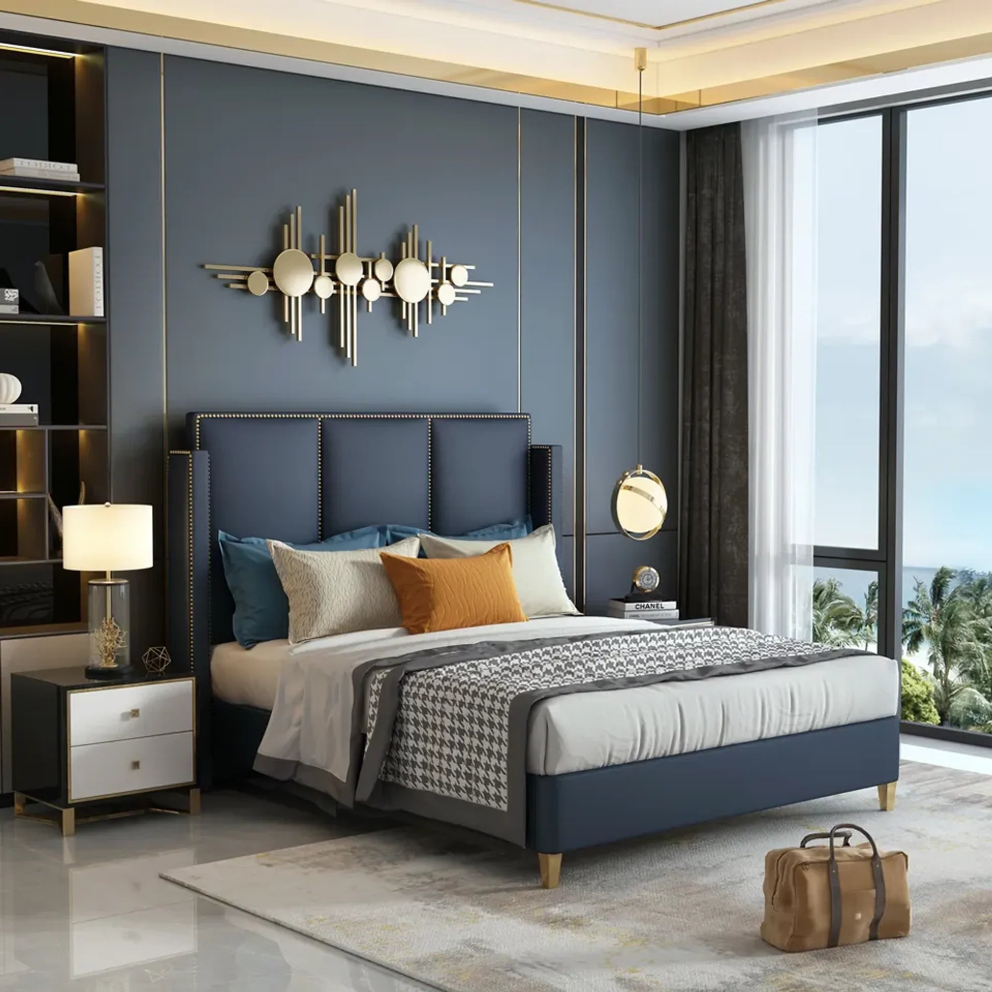 A bed with matters bluish grey and white clour