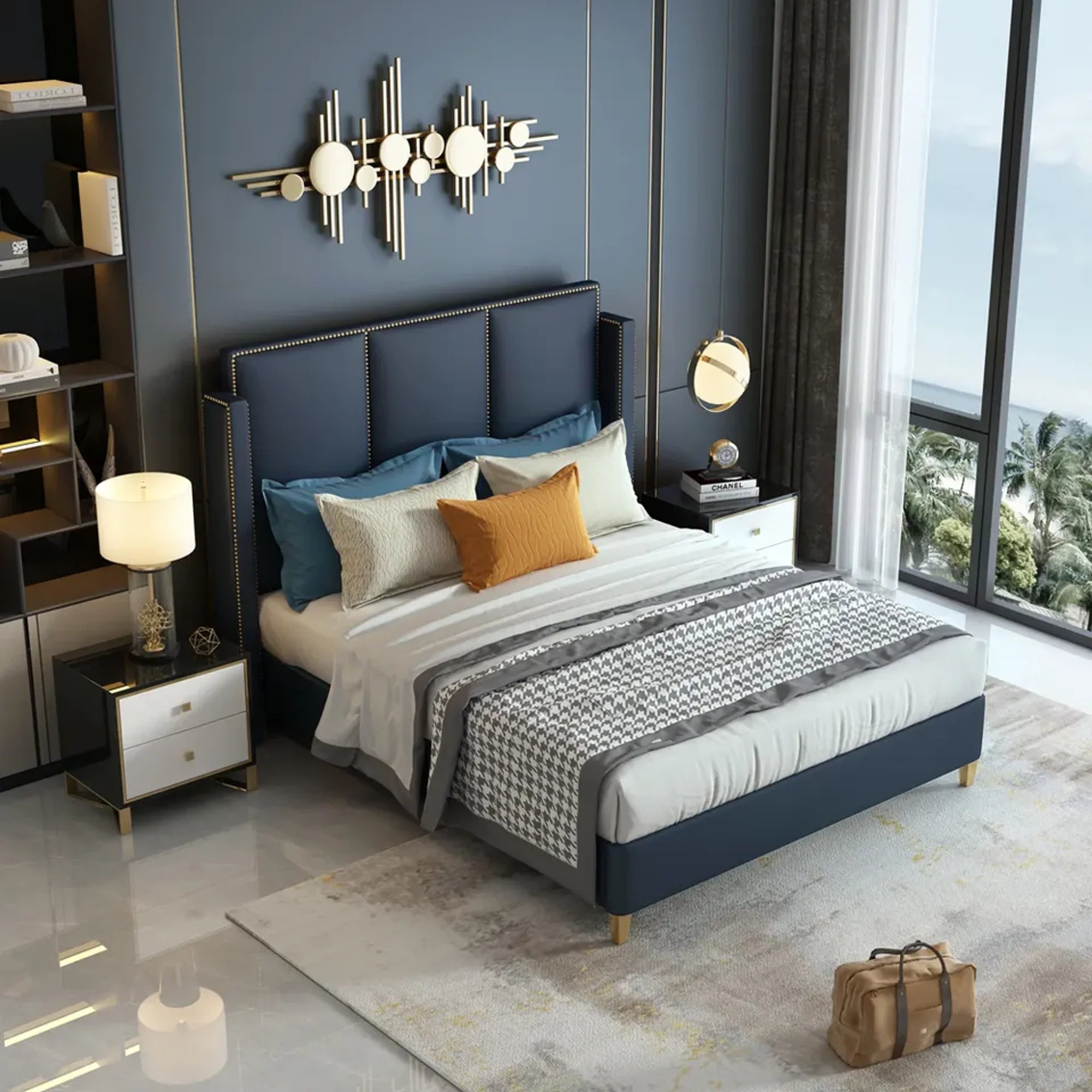 A bed with mattress navy blue colour