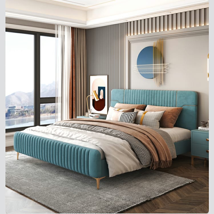 A bed with mattress sky blue colour