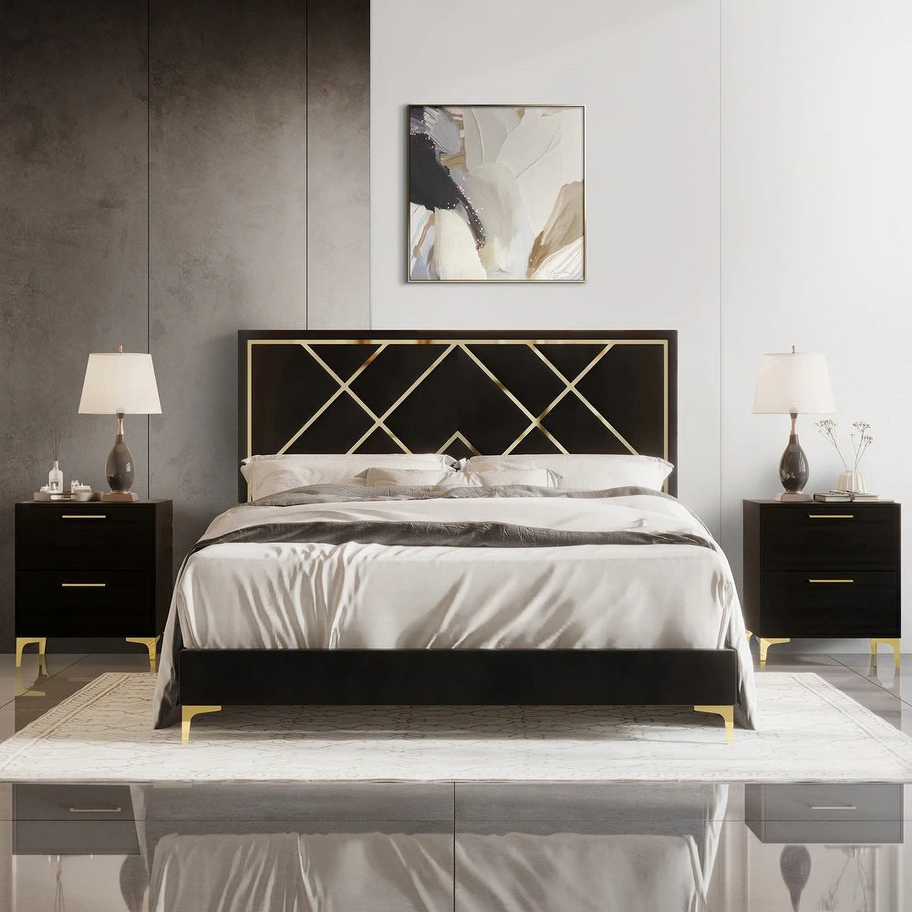 A bed with mattress black and gold colour