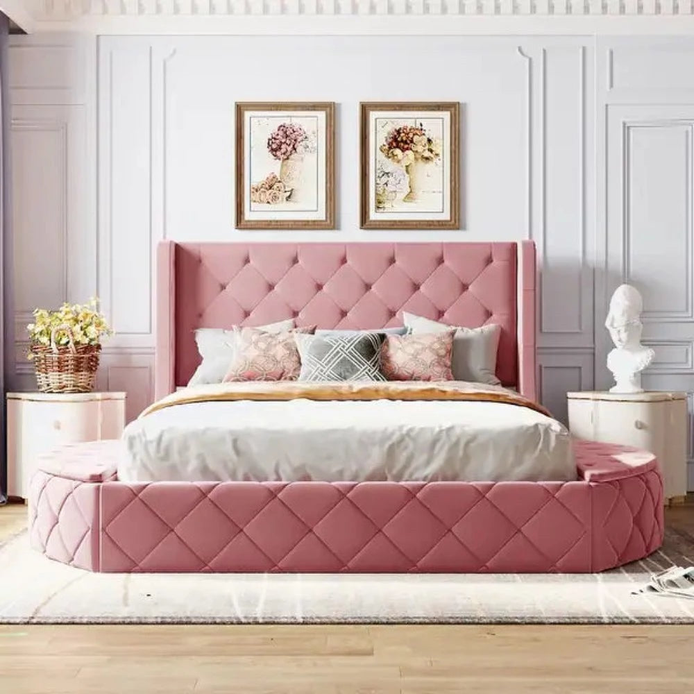 A bed with mattress pink colour