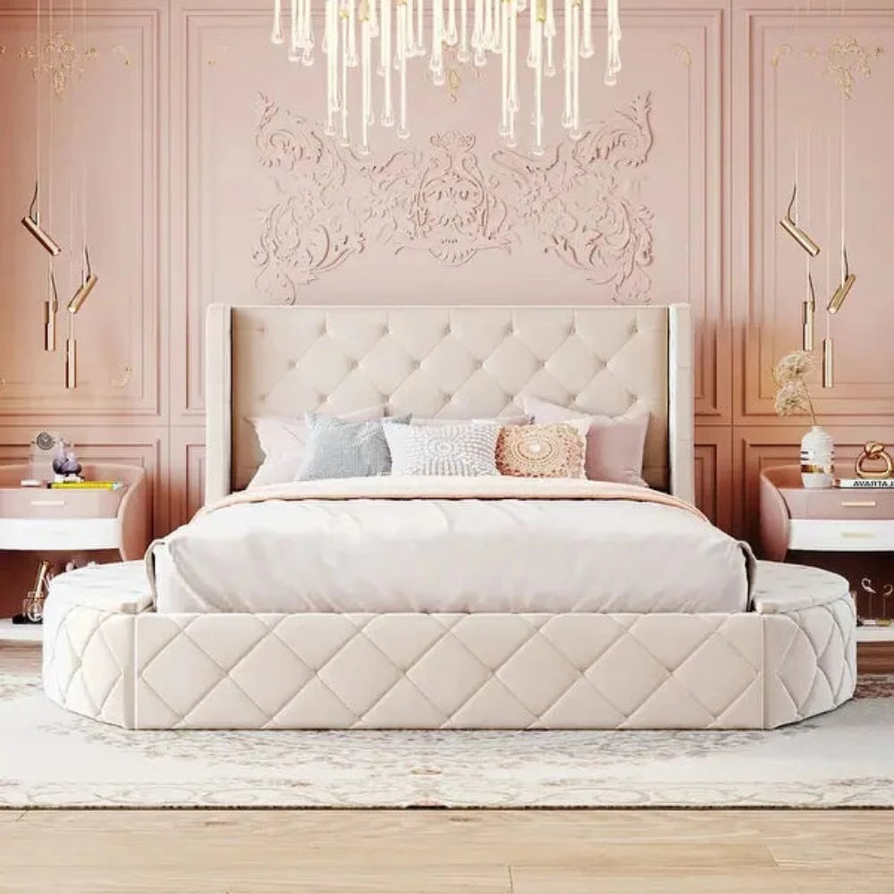 A bed with mattress cream colour