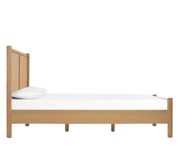 Nordic White Oak Bed with Woven Rattan Headboard