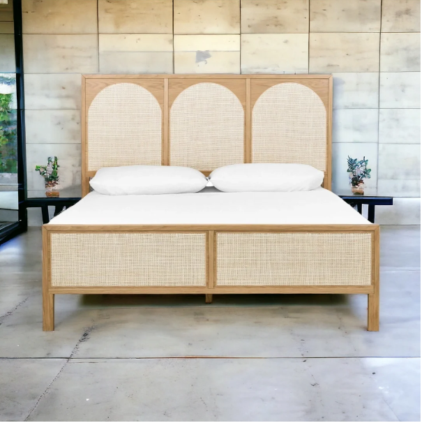 Oak Serenity Bed with Woven Rattan Headboard
