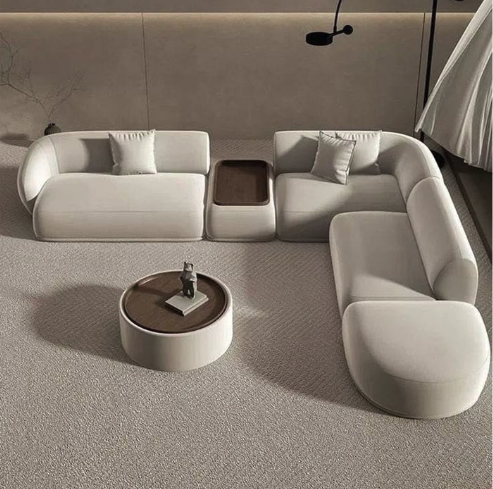 Modular Curve Bouclé Sectional Sofa with Wooden Side Tray