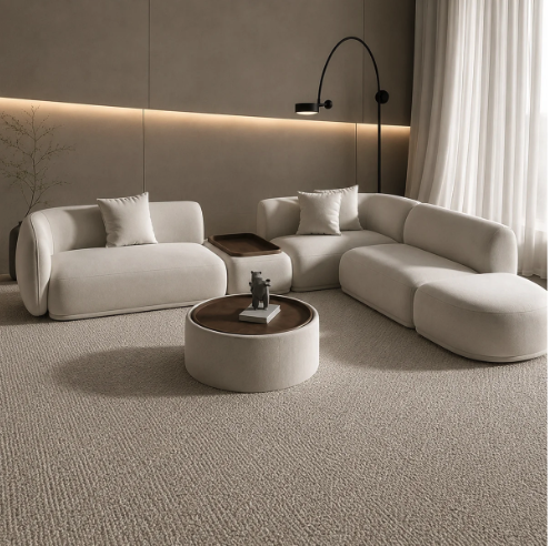Modular Curve Bouclé Sectional Sofa with Wooden Side Tray