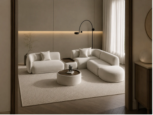 Modular Curve Bouclé Sectional Sofa with Wooden Side Tray