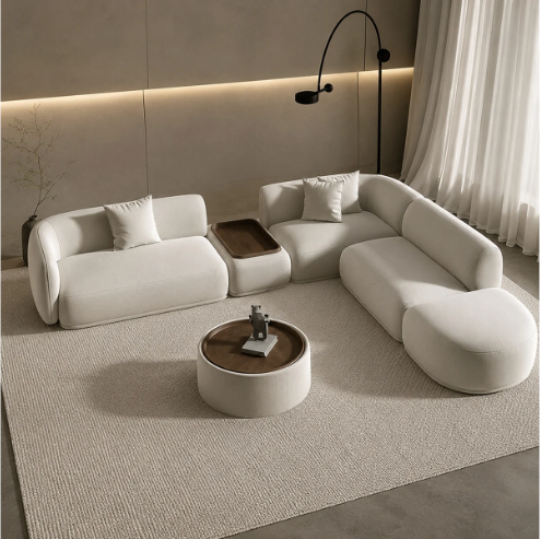Modular Curve Bouclé Sectional Sofa with Wooden Side Tray