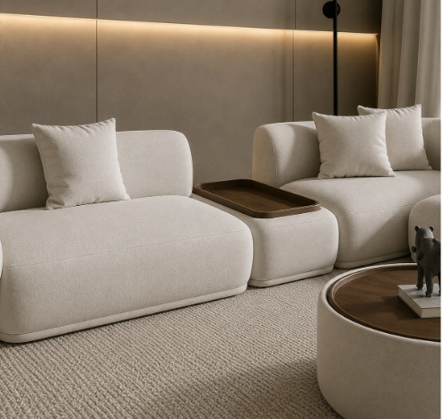Modular Curve Bouclé Sectional Sofa with Wooden Side Tray