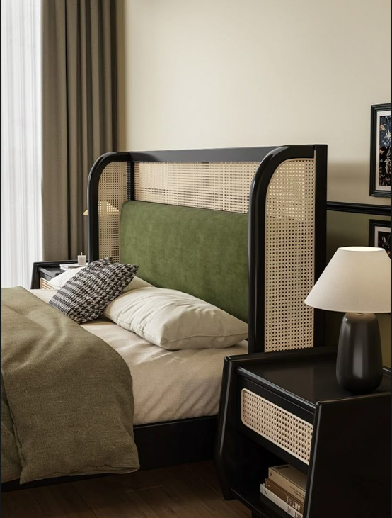 Marlow Black Cane Upholstered Bed