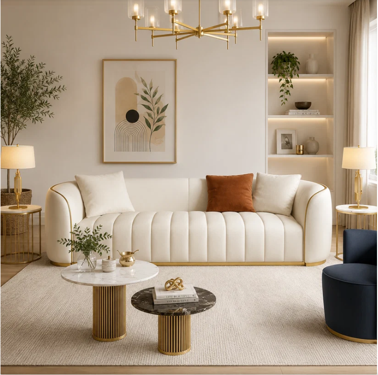 Aurelia 3 Seater Curved Velvet Sofa with Gold Trim