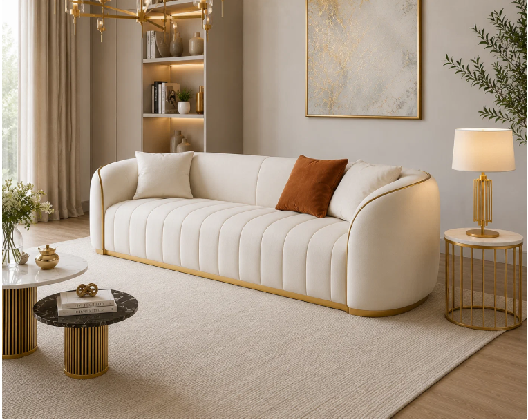 Aurelia 3 Seater Curved Velvet Sofa with Gold Trim