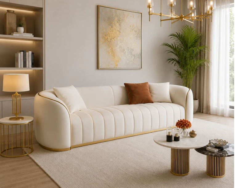 Aurelia 3 Seater Curved Velvet Sofa with Gold Trim