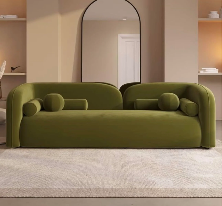 Olivia Curved 3 Seater Velvet Sofa with Premium Cushions - Olive Green