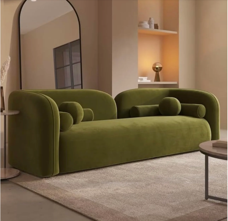 Olivia Curved 3 Seater Velvet Sofa with Premium Cushions - Olive Green