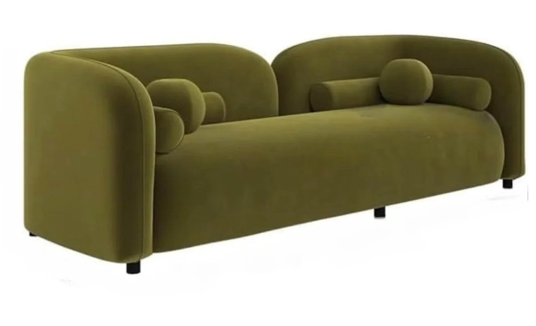 Olivia Curved 3 Seater Velvet Sofa with Premium Cushions - Olive Green