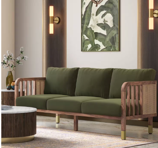 Arden 3 Seater Wooden Sofa in Deep Olive Velvet